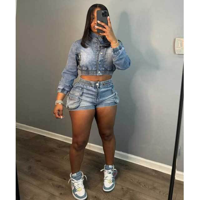 Denim Button Jacket Top Cargo Short Set