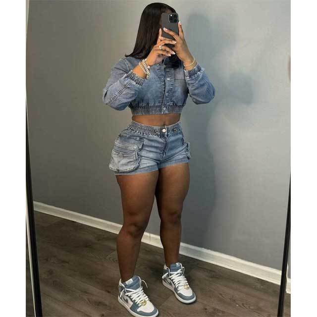 Denim Button Jacket Top Cargo Short Set