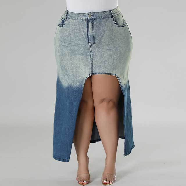 Plus Size Denim Gradient Slit Skirt