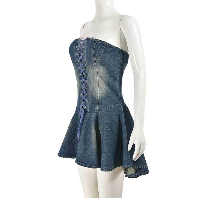 Denim Lace-Up Strapless Ruffle Dress