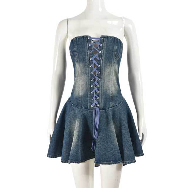 Denim Lace-Up Strapless Ruffle Dress