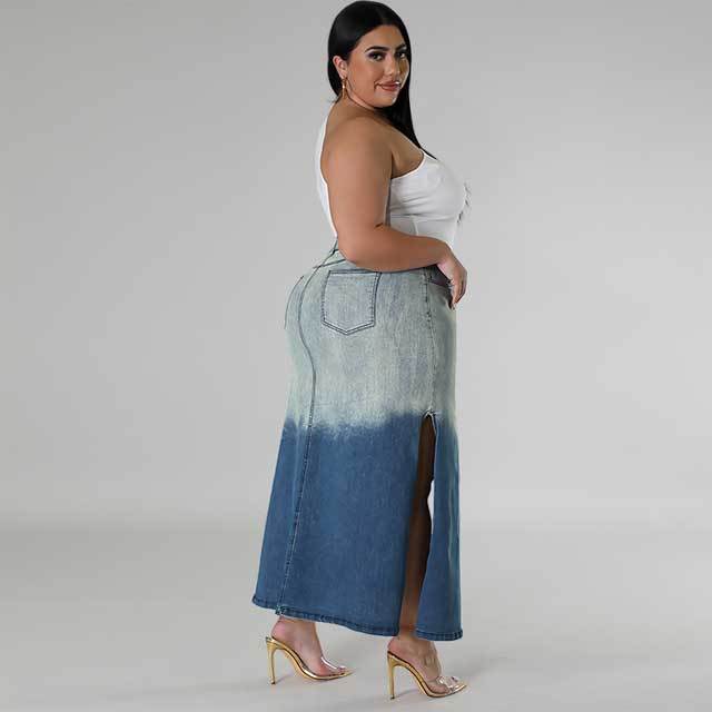 Plus Size Denim Gradient Slit Skirt