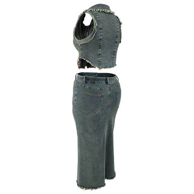 Plus Size Denim Sleeveless Top Slit Skirt Set