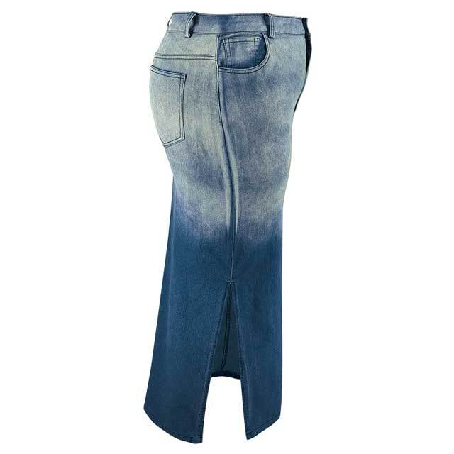 Plus Size Denim Gradient Slit Skirt