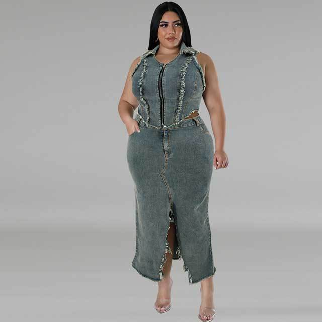 Plus Size Denim Sleeveless Top Slit Skirt Set