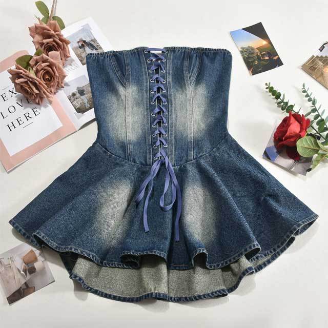 Denim Lace-Up Strapless Ruffle Dress