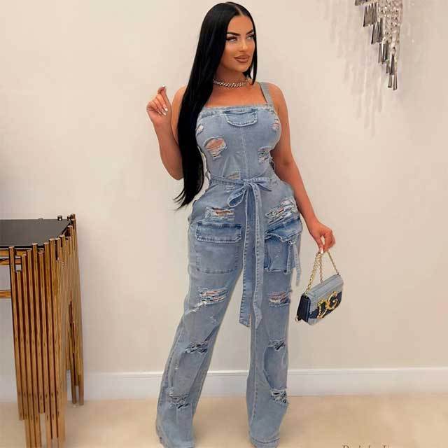 Denim Ripped Cargo Jumpsuit