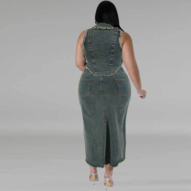 Plus Size Denim Sleeveless Top Slit Skirt Set
