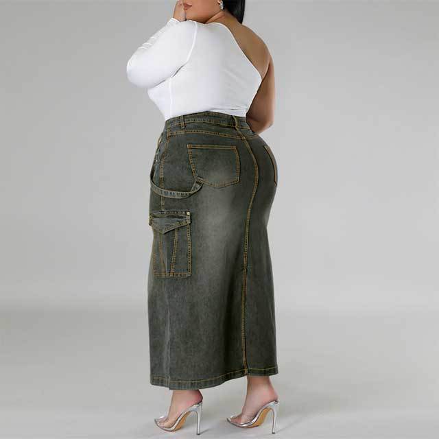 Plus Size Denim Slit Maxi Skirt