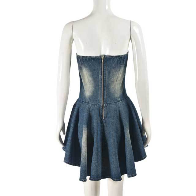 Denim Lace-Up Strapless Ruffle Dress