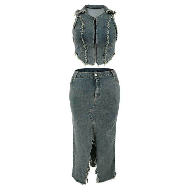 Plus Size Denim Sleeveless Top Slit Skirt Set
