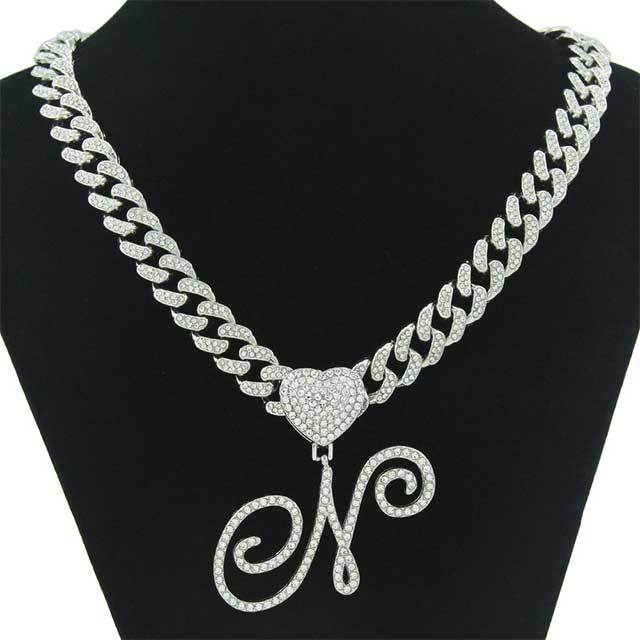 Rhinestoned Letters Pendant Necklace With Cuban Chain
