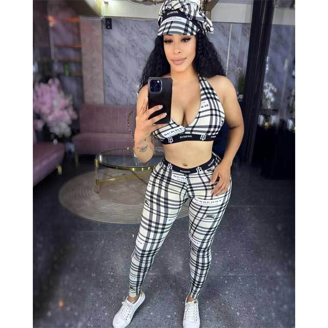 Plaid Print Halter Top Skinny Jogging Suit