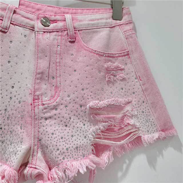 Rhinestones Ripped Denim Shorts