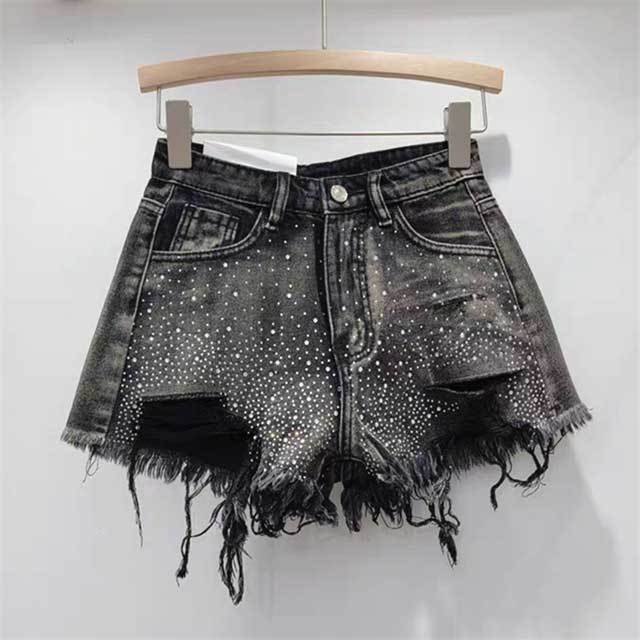 Rhinestones Ripped Denim Shorts