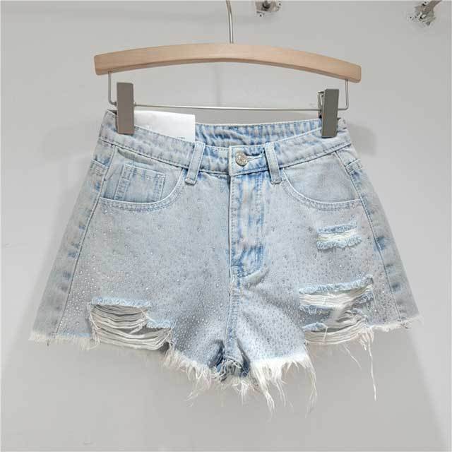 Rhinestones Ripped Denim Shorts