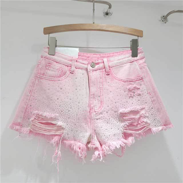 Rhinestones Ripped Denim Shorts