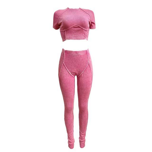 Washed Distressed Ribbed Jogging Suit