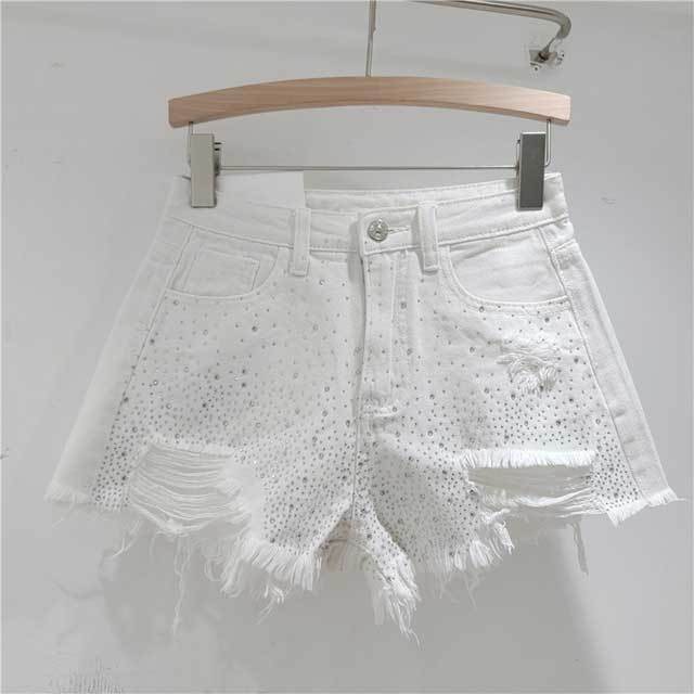 Rhinestones Ripped Denim Shorts