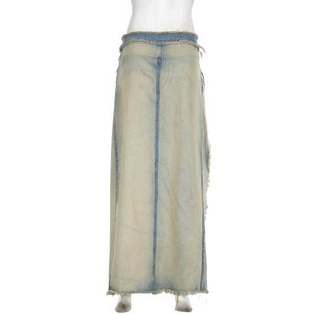 Washed Denim Gradient Irregular Maxi Skirt