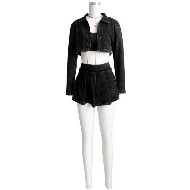 Distressed 3 Piece Pleated Skirt Set