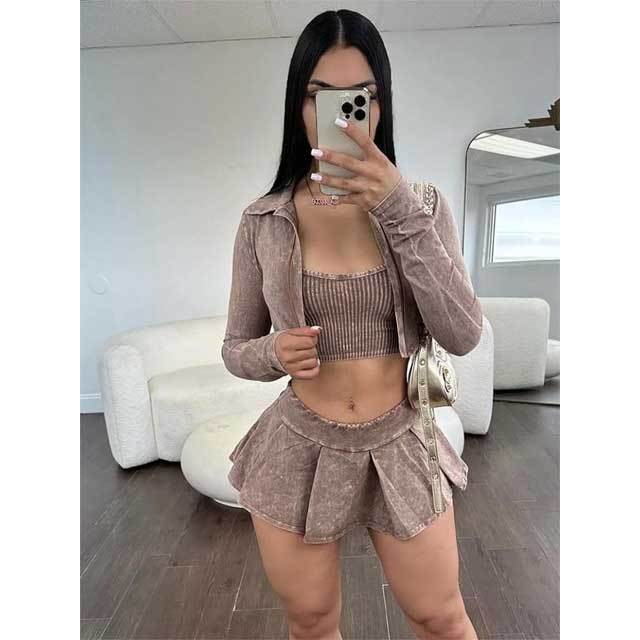 Distressed 3 Piece Pleated Skirt Set
