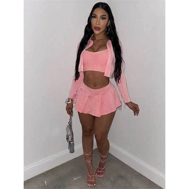 Distressed 3 Piece Pleated Skirt Set