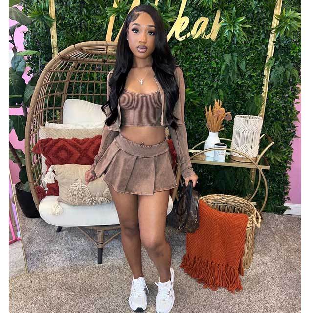 Distressed 3 Piece Pleated Skirt Set