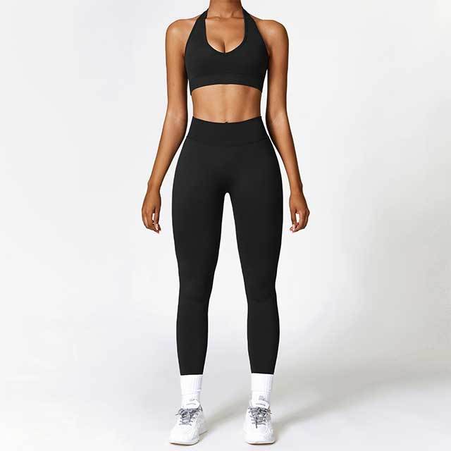 Solid Color Halter Neck Bra Top Tight Pants Set