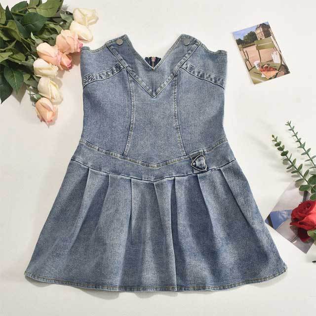 Denim Strapless Pleated Dress