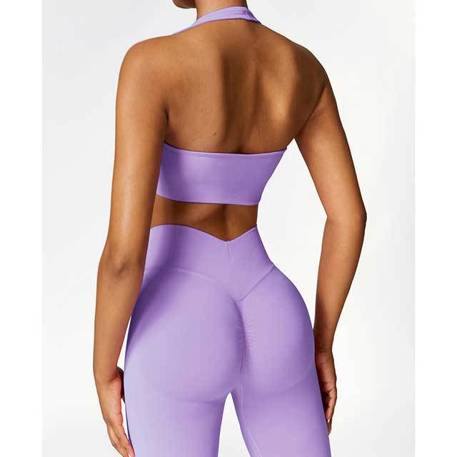 Solid Color Halter Neck Bra Top Tight Pants Set