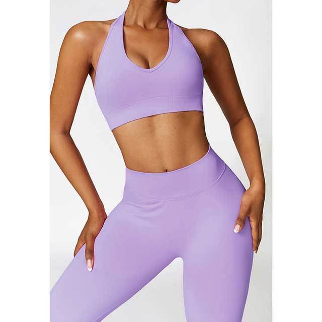 Solid Color Halter Neck Bra Top Tight Pants Set