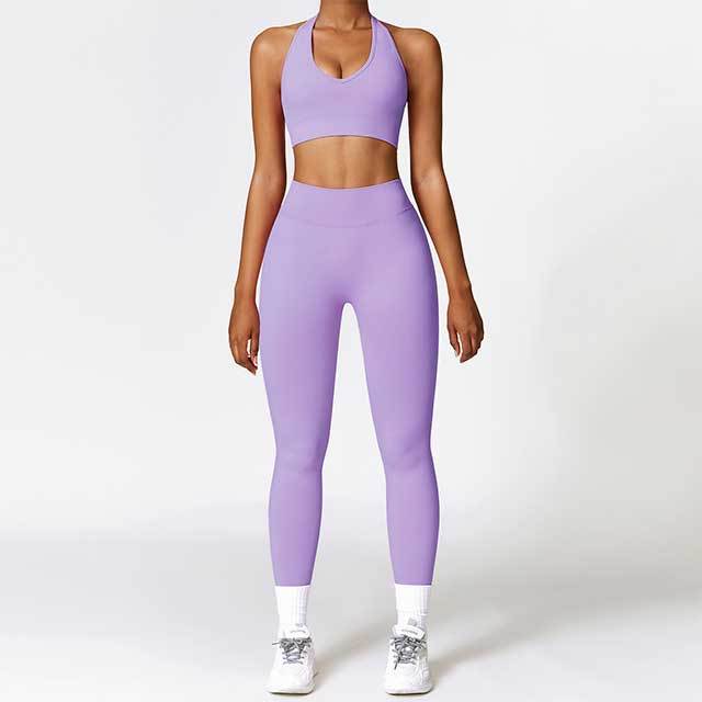 Solid Color Halter Neck Bra Top Tight Pants Set