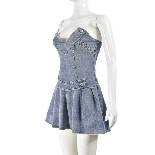 Denim Strapless Pleated Dress