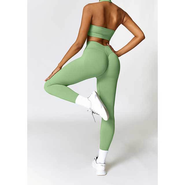 Solid Color Halter Neck Bra Top Tight Pants Set