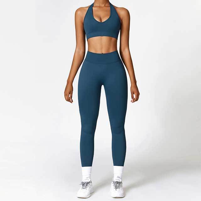 Solid Color Halter Neck Bra Top Tight Pants Set