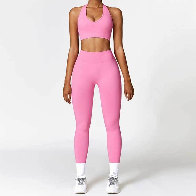Solid Color Halter Neck Bra Top Tight Pants Set