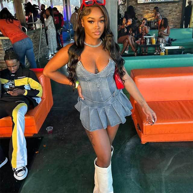 Denim Strapless Pleated Dress