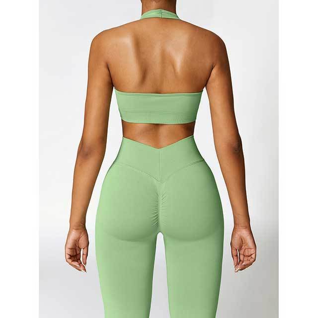 Solid Color Halter Neck Bra Top Tight Pants Set
