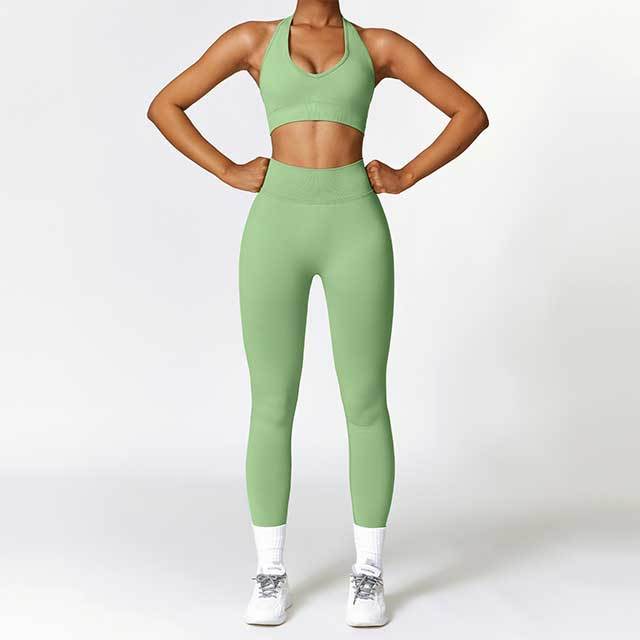 Solid Color Halter Neck Bra Top Tight Pants Set