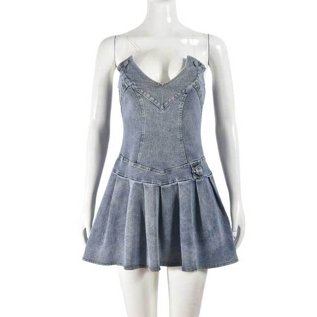 Denim Strapless Pleated Dress