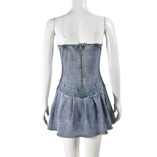Denim Strapless Pleated Dress
