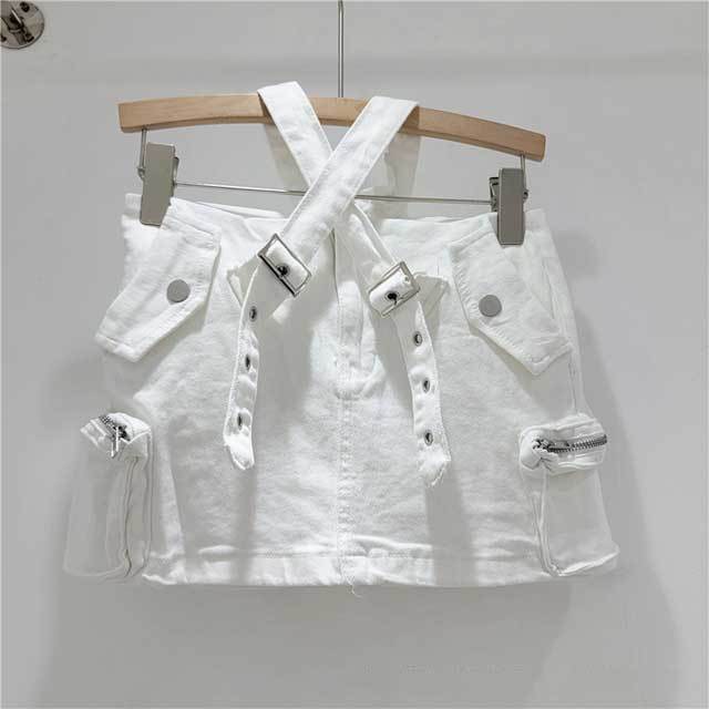 Buckle Strap High Waist Denim Cargo Skirt