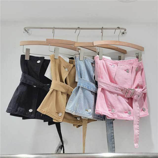 Buckle Strap Denim Strapless Top