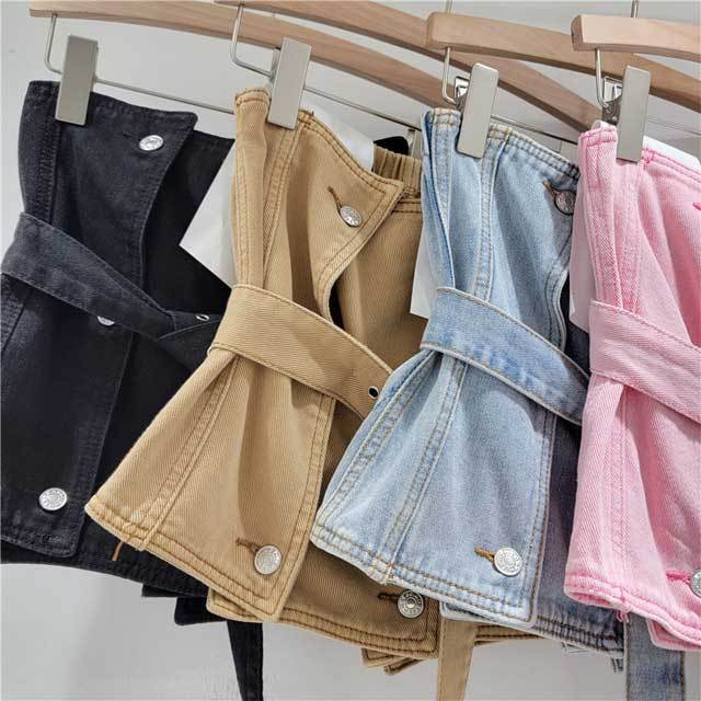 Buckle Strap Denim Strapless Top
