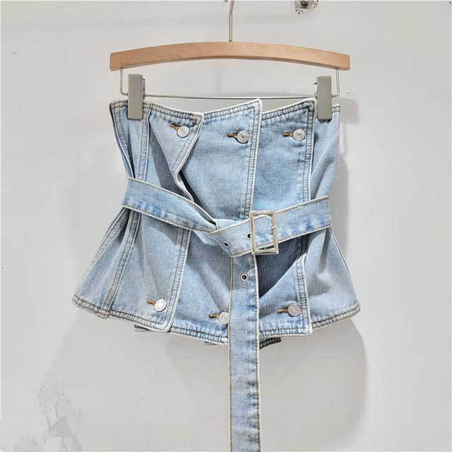 Buckle Strap Denim Strapless Top