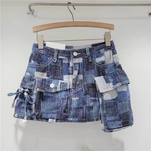 Color Block Denim Cargo Skirt