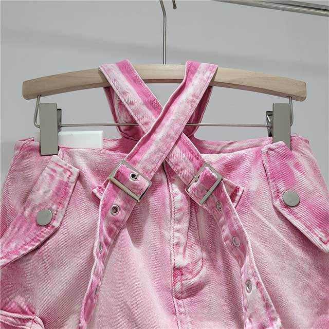 Buckle Strap High Waist Denim Cargo Skirt