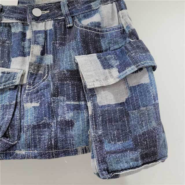 Color Block Denim Cargo Skirt
