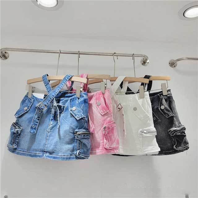 Buckle Strap High Waist Denim Cargo Skirt